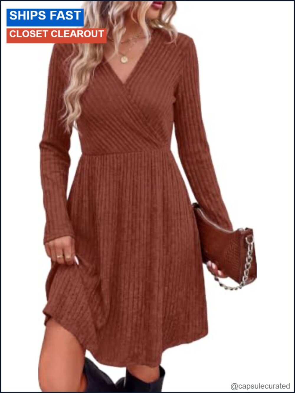 Womens Long Sleeve Wrap Sweater Dress Ribbed Knit V Neck with Pockets